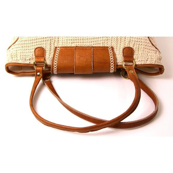 LRG BONFANTI NATURAL KNIT COTTON BROWN GENUINE LEATHER SHOULDER BAG HANDBAG HOBO - Picture 9 of 12